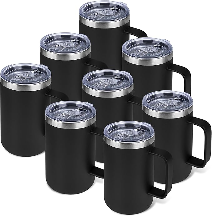 Zynkify 22oz Insulated Coffee Mug with Handle & Leak-Proof Lid - Double Wall Stainless Steel Travel Tumbler Bulk for Commute/Office/Home, Black, 8 Pack