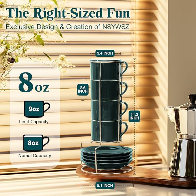 NWYSZ 5 Ounce Green Porcelain Stackable Espresso Cups with Stainless Steel Holder, Set of 4, Durable Ceramic, Perfect for Home, Office or Gift