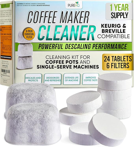Coffee Maker Cleaner Tablets – 24 Count, Descaling Tablets for Keurig and Breville Machines – Includes 6 Water Filter Cartridges – Deep Cleaning Descaler Tab for Espresso & Single-Serve Coffee Makers