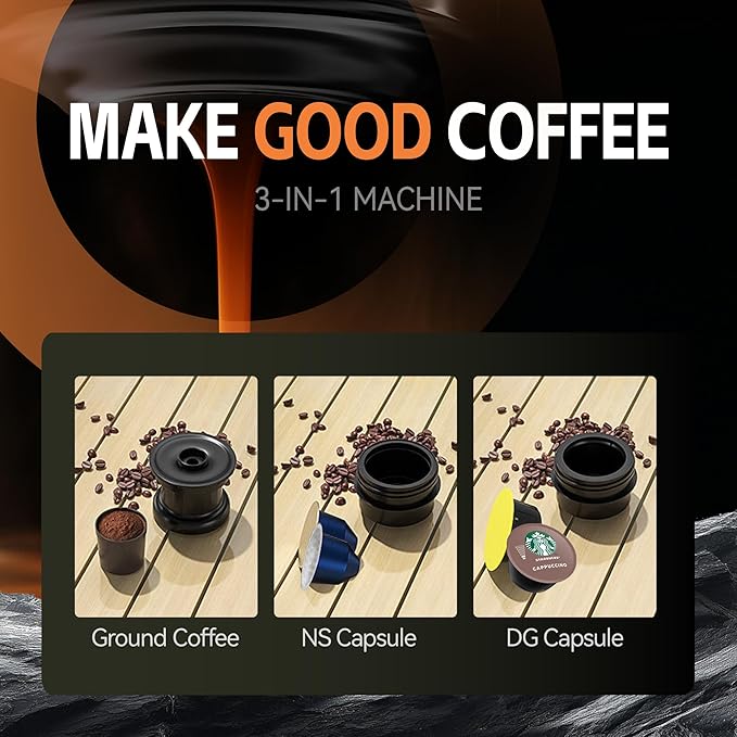 Portable Electric Espresso Machine, Travel Coffee Maker for Camping, Car Coffee Maker Self-Heating with USB-C, With Ground Coffee & NS Capsule for RV, Hiking, Office (Black)