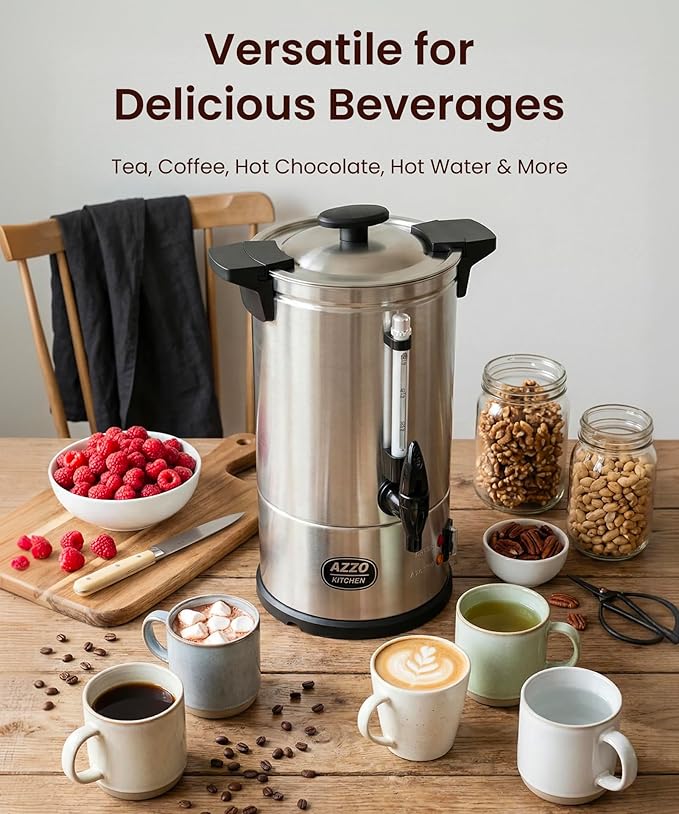AZZO KITCHEN Commercial Coffee Maker 50-Cup Large Coffee Urn with Percolator Coffee Pot Electric 8L Stainless Steel Fast Brew Hot Water Dispenser for Tea Catering Events Home Office Easy Cleaning