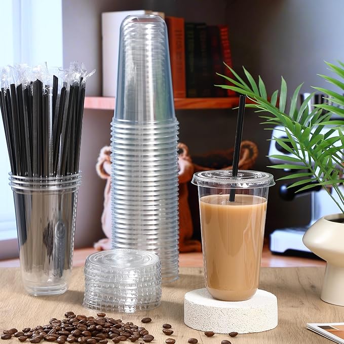 100 Set 18 oz Clear Plastic Cups with Lids and Straws, Disposable Iced Coffee PET Cups for Drinking Cold Beverage Juice Parfait Smoothie Milkshake Coffee Shops Party Supplies