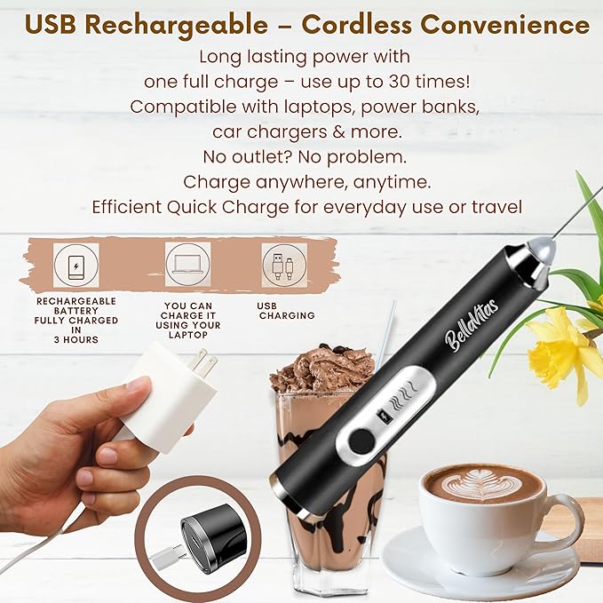 BellaVitas Milk Frother Handheld Rechargeable 3-Speed Electric Frother Wand Whisk Foam Maker Drink Mixer with Stand, 2 Whisks, Spice Shaker, Art Stencils, Art Pen for Coffee Latte, Cappuccino, Black