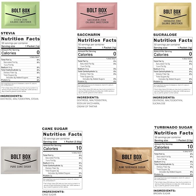 (300 total, 50 each) Bolt Box Sugar & Sugar Substitute Packets Box
