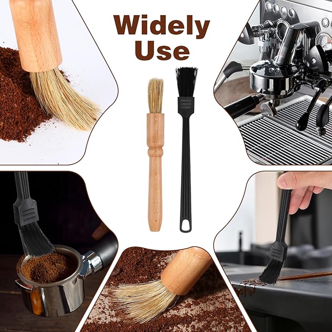 2 Pcs Coffee Brush Wood Handle Espresso Brush Coffee Grinder Cleaning Brushs for Bean Grain Coffees Tool Barista Home Kitchen