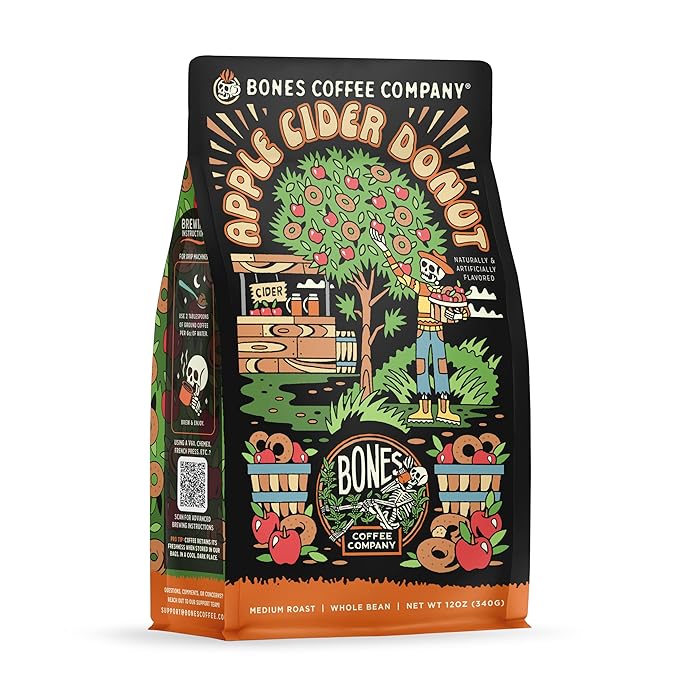 Bones Coffee Company Apple Cider Donut Flavored Coffee, Medium Roast Low Acid Arabica Beans Compatible with Auto drip and French Press Coffee Maker, 12 Oz Whole Bean