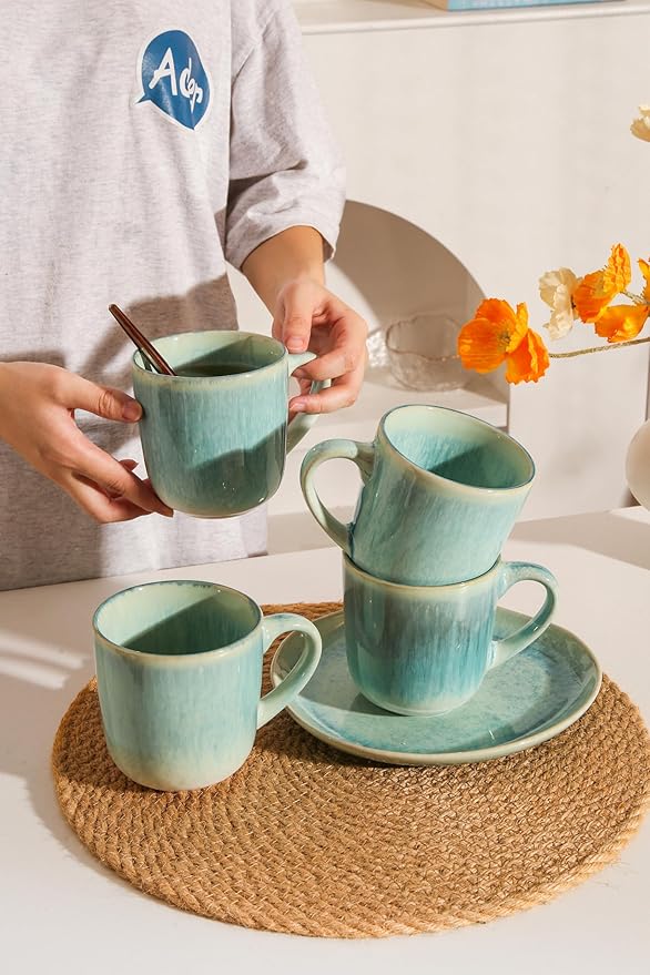 Stoneware Coffee Mugs Set of 4, 12 oz Aqua Ceramic Coffee Cups Microwave and Dishwasher Safe Stackable Coffee Mug Set with Easy Grip Handle for Home Kitchen Office Gift Set