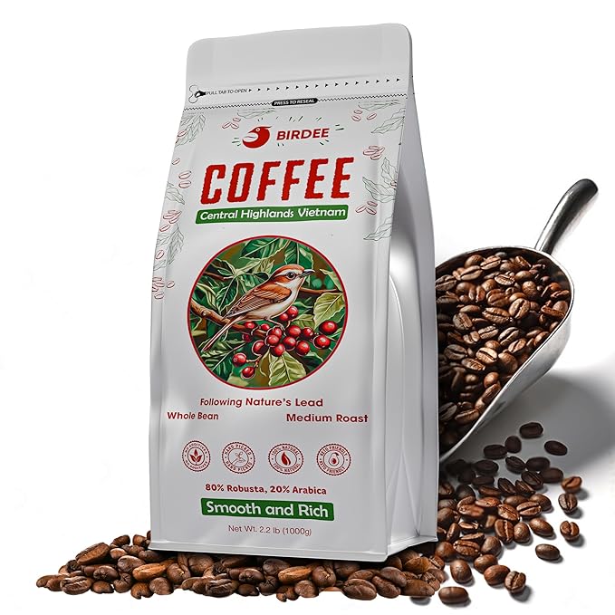 Birdee Vietnamese Coffee Beans - 2.2 LB, Whole Bean, Medium Roast, Robusta Arabica Blend, Strong Bold Flavor, Low Acidity, Fresh Resealable Bag, Ideal for Phin, Espresso, French Press, Cold Brew