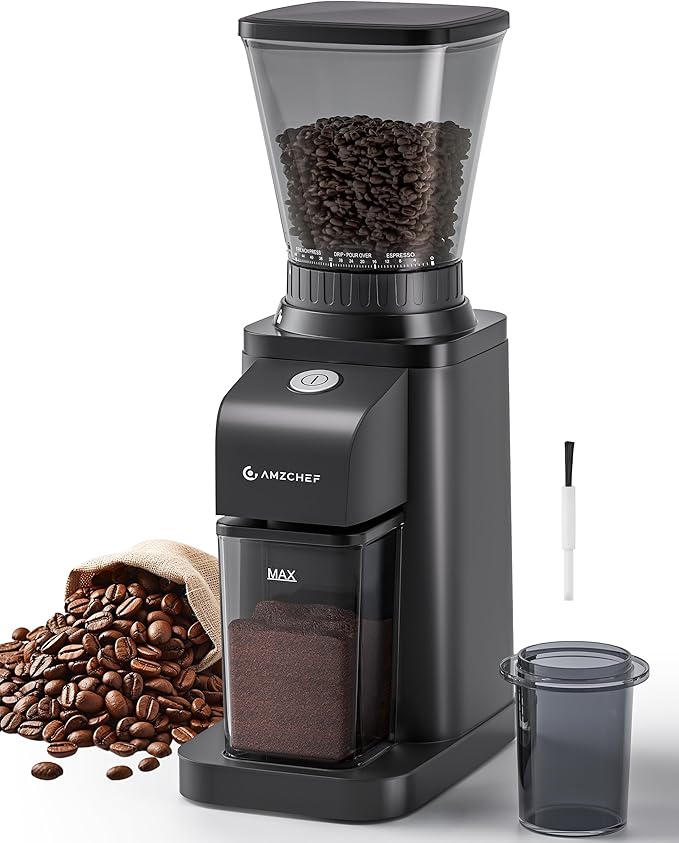 Anti-Static Espresso Grinder with Self-Cleaning Burrs & 47 Settings,Coffee Grinder featuring Anti-Static & Low-Residue design for home use, complete with storage box and dosing cup