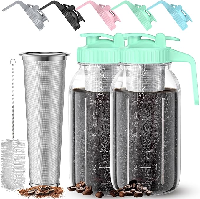 AHOMSEL Cold Brew Coffee Maker Jar - 2 Pack 64 oz Glass Cold Brew Maker with Handle, Stainless Steel Filter & Leak-Proof Lid, Heavy Duty Cold Brew Pitcher for Iced Coffee, Sun Tea, and Milk
