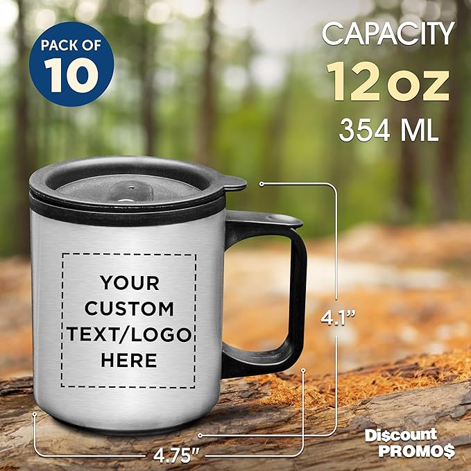 DISCOUNT PROMOS Custom Stainless Steel Travel Mugs with Handle 12 oz. Set of 10, Personalized Bulk Pack - Perfect for Coffee, Soda, Other Hot & Cold Beverages - Stainless Steel