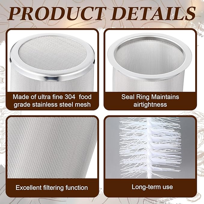 Cold Brew Coffee Filter with Brush for 64 Oz/2 Quart Wide Mouth Mason Jar Infuser 304 Stainless Steel Filter Food Grade Strainer with Sealing Ring for Iced Drink Fruit Tea Coffee Maker