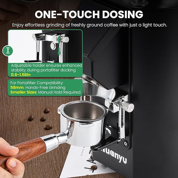 Huanyu Coffee Grinder Commercial with Touchscreen Control, Reinforced 35oz Hopper (40% Thicker), 8 Grind Settings, 64mm Flat Burr and Dual Dosing, For Coffee Shops and Home Use