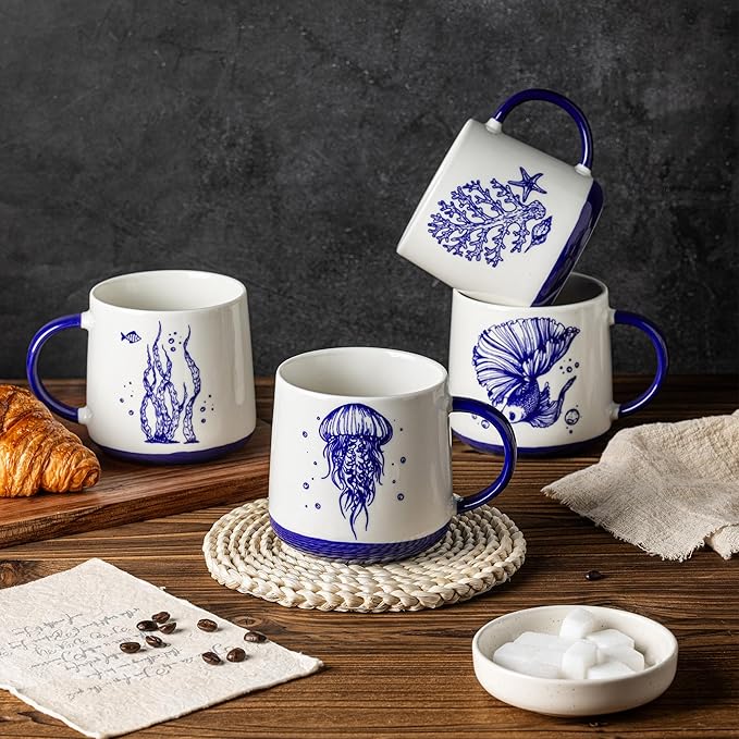 AmorArc Large Coffee Mugs Set of 4, 16oz Ceramic Coffee Cups with Sea Life Patterns for Tea Latte Cocoa. Easy to Hold&Clean, Dishwasher&Microwave Safe, Blue&White
