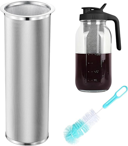 Cold Brew Coffee Filter with Brush for 64 Oz/2 Quart Wide Mouth Mason Jar Infuser 304 Stainless Steel Filter Food Grade Strainer with Sealing Ring for Iced Drink Fruit Tea Coffee Maker