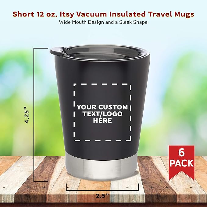 Personalized 12 oz. Itsy Vacuum Insulated Travel Mugs - 6 Pack - Custom Text, Logo - Black