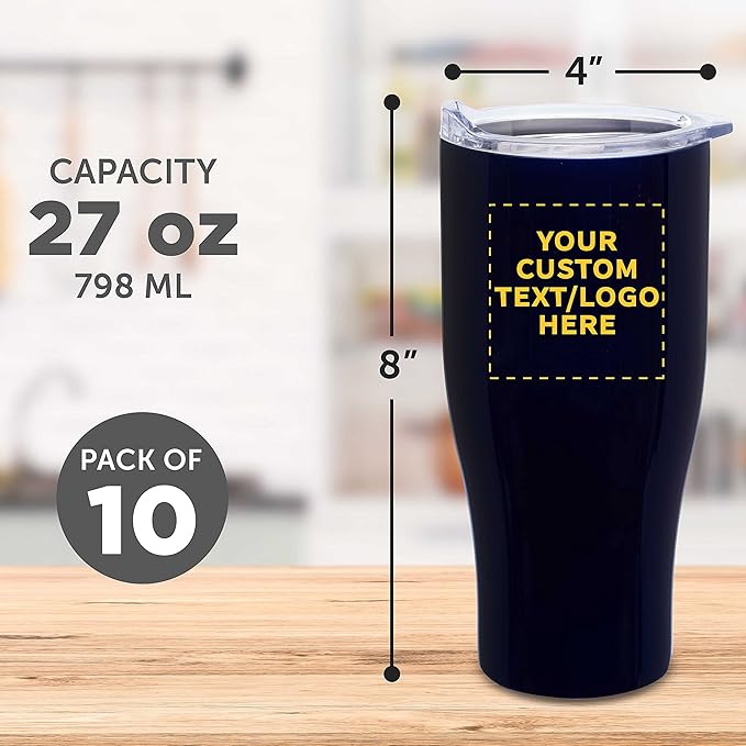 DISCOUNT PROMOS 10 Stainless Steel Grip Travel Mugs Set, 27 oz. - Customizable Text, Logo - Vacuum Insulated, Plastic Lid - Blue