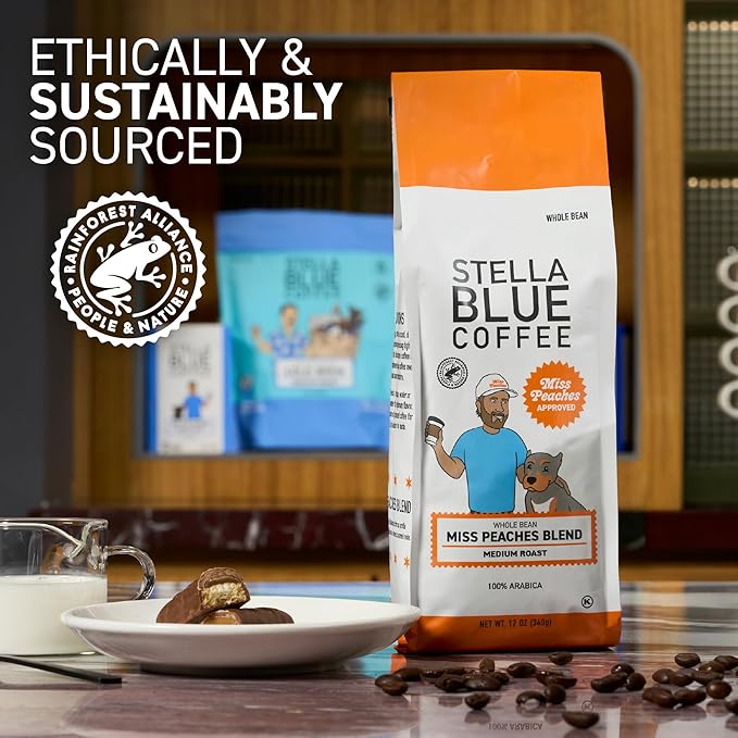 Stella Blue Whole Bean Coffee, Miss Peaches Blend, Medium Roast Citrus Caramel, Fruity Notes 100% Arabica Beans, Ethically Sourced from Central and South America, Smooth Balanced, 12oz Bag