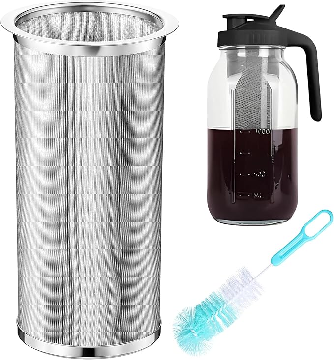 Cold Brew Coffee Filter with Brush for 32 Oz/1 Quart Wide Mouth Mason Jar Infuser 304 Stainless Steel Strainer Food Grade Filter with Sealing Ring for Iced Drink Fruit Tea Coffee Maker