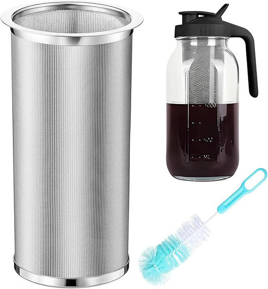 Cold Brew Coffee Filter with Brush for 32 Oz/1 Quart Wide Mouth Mason Jar Infuser 304 Stainless Steel Strainer Food Grade Filter with Sealing Ring for Iced Drink Fruit Tea Coffee Maker