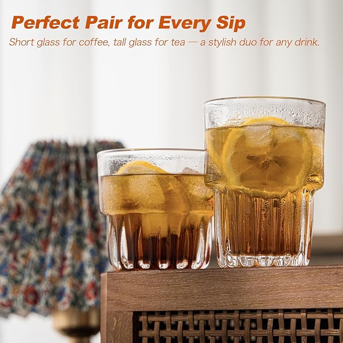 11oz Drinking Glasses Set of 4, Juice Glasses Stackable Tall Glass Mugs for Tea Iced latte Coffee Glass, Beer Glasses, Cocktail Glasses,Water glasses for bar, restaurant