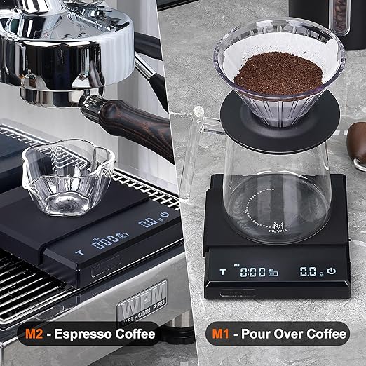 MUVNA 0.1g High Precision Digital Coffee Scale, 0.3g to 2kg Measuring Range Rechargeable Espresso Scale with Tare Function, LED Display (Black, ABS)