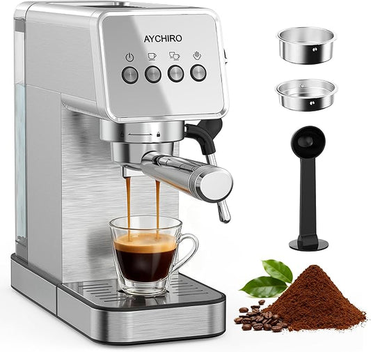 Espresso Machine with Steam Milk Frother, 20 Bar Professional Espresso Coffee Maker for Latte & Cappuccino, 1-Touch Control, Stainless Steel Housing, Removable Water Tank & Drip Tray