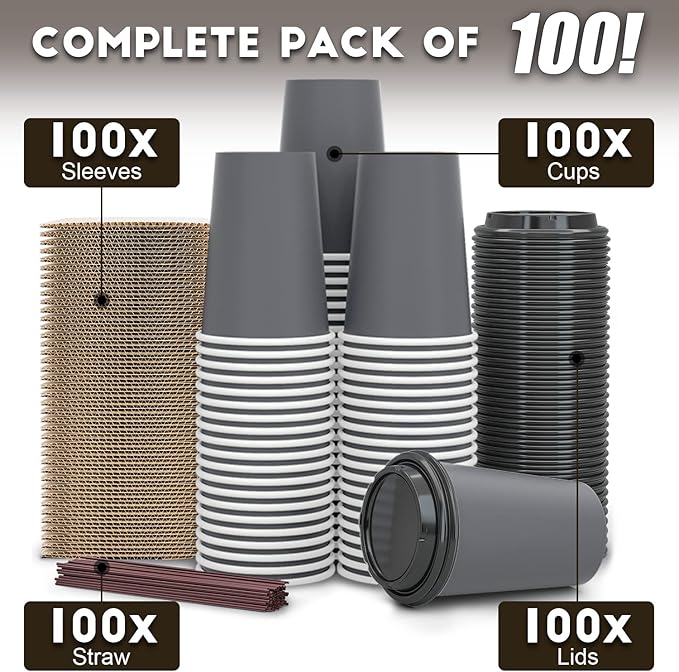 100 Pack - 12 oz Disposable Coffee Cups To Go with Lids Sleeves and Straws 100% Biodegradable & Compostable Pla Eco Friendly Paper Coffee Cups for Tea Coffee Hot Chocolate