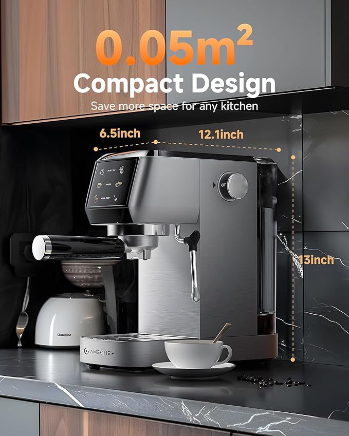 AMZCHEF 51mm Coffee Espresso Machine 20 Bar – Professional Coffee Maker with Milk Frother, Compact Stainless Steel Espresso Maker for Cappuccino, Latte, Mocha, Moon Silver
