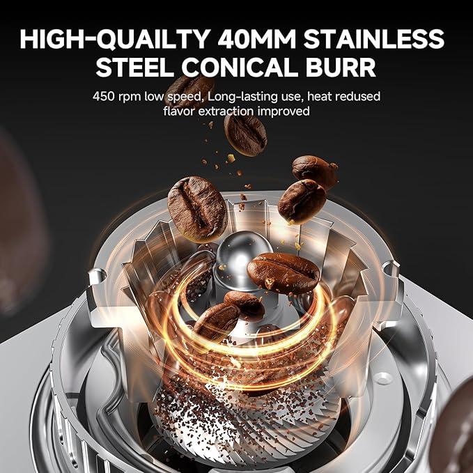 Burr Coffee Bean Grinder for Home Use with 45 Precise Grinding Settings, Espresso Grinder with Height Adjustable Funnel Stand, LED Touch Panel, Anti-static Design, Micro Switch User Friendly