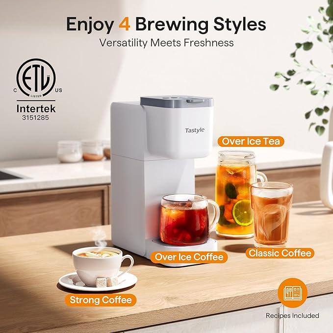 Tastyle Single Serve Coffee Maker for K Cup, Ground and Tea, Hot and Iced Coffee Machines with Bold Setting, 6 to 16 Oz Brew Sizes, Compact for Small Spaces, White (2.0 Version)