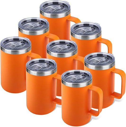 Zynkify 22oz Insulated Coffee Mug with Handle & Leak-Proof Lid - Double Wall Stainless Steel Travel Tumbler Bulk for Commute/Office/Home, Orange, 8 Pack
