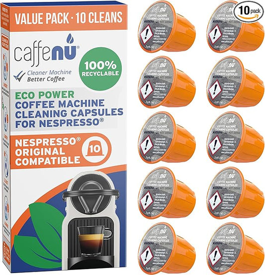Caffenu Nespresso Compatible Cleaning Pods. 10 Cleaner Capsules. Improved Coffee Flavor. For Nespresso Originaline, Use with Descaling Kit.
