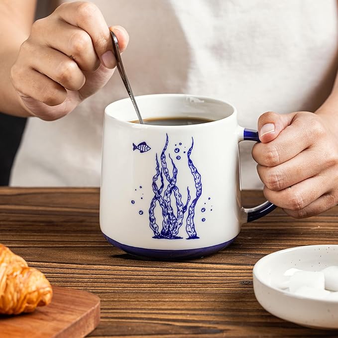 AmorArc Large Coffee Mugs Set of 4, 16oz Ceramic Coffee Cups with Sea Life Patterns for Tea Latte Cocoa. Easy to Hold&Clean, Dishwasher&Microwave Safe, Blue&White