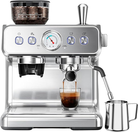 Kndko Espresso Machine with Grinder, 20 Bar Automatic Espresso Maker with Milk Frother Steam Wand, Removable Water Tank, Latte & Cappuccino Machine for Home Barista