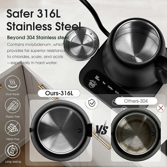 Gooseneck Electric Kettle Temperature Control: ±1℉ Precise Target & Keep Warm, Quick Heating 316L Stainless Steel Electric Kettles for Boiling Water, Pour Over Coffee, Brew Tea & Milk, 1000W/0.8L