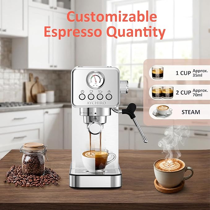 Professional Espresso Machine with Pressure Gauge, 20Bar Touchscreen Single Serve Coffee Maker, Stainless Steel, Milk Frother Wand, Cup Warmer for Home Barista