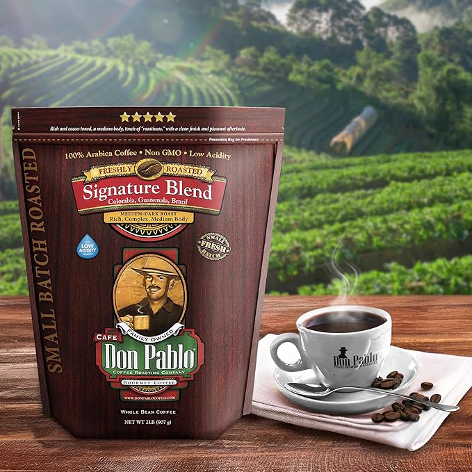 Don Pablo Gourmet Coffee - Signature Blend - Medium Dark Roast - Whole Bean Coffee - 100% Arabica Beans - Low Acidity and Non-GMO (2 Pound, Original)