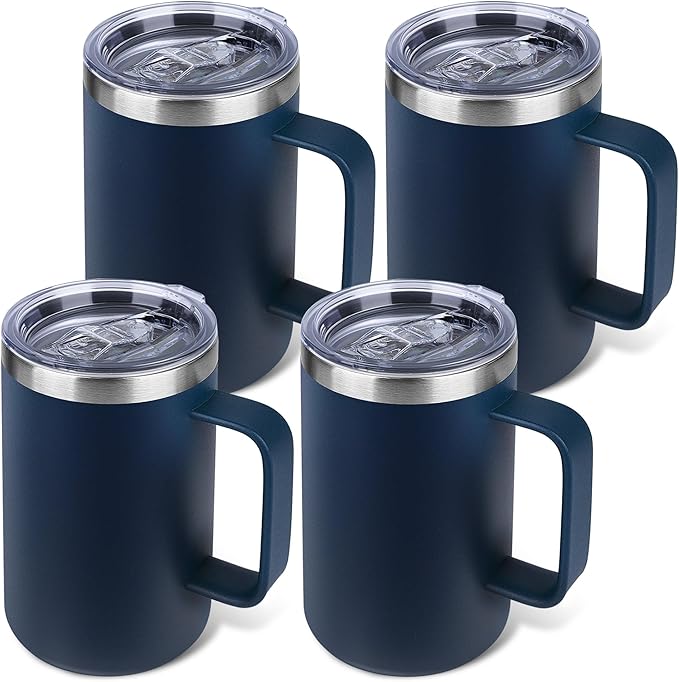 Zynkify 22oz Insulated Coffee Mug with Handle & Leak-Proof Lid - Double Wall Stainless Steel Travel Tumbler Bulk for Commute/Office/Home, Navy Blue, 4 Pack