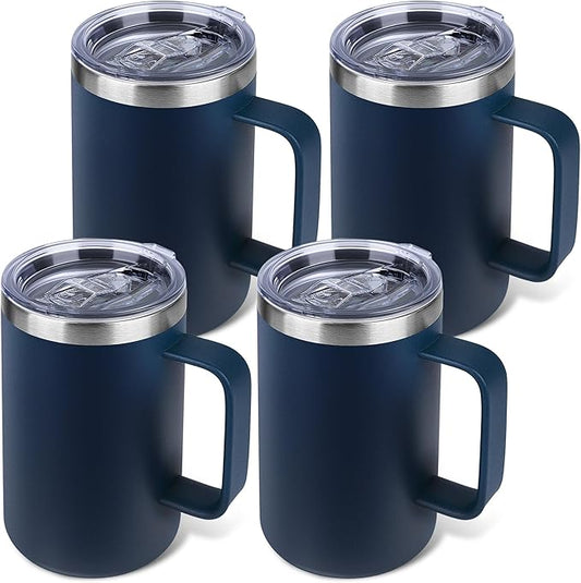 Zynkify 22oz Insulated Coffee Mug with Handle & Leak-Proof Lid - Double Wall Stainless Steel Travel Tumbler Bulk for Commute/Office/Home, Navy Blue, 4 Pack