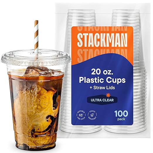 [100 Sets - 20 oz.] Clear Plastic Cups with Straw Slot Lid, PET Crystal Clear Disposable 20oz Plastic Cups with lids