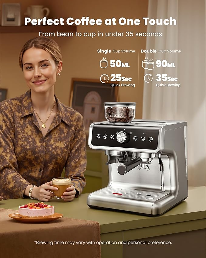 Coffee Maker with Grinder, 30 Settings & 20 Bar Pump, Espresso Machine with 58mm Portafilter & Milk Frother for Cappuccino or Latte