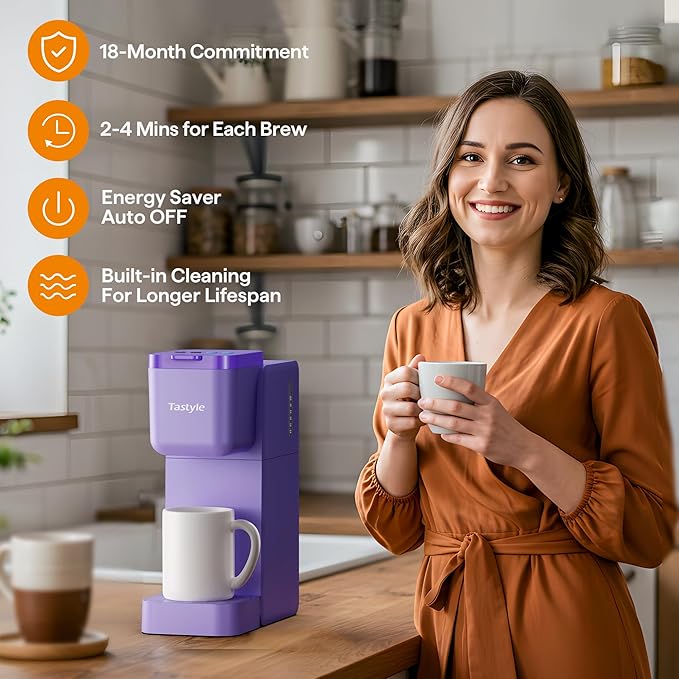 Tastyle Single Serve Coffee Maker for K Cup, Ground and Tea, Hot and Iced Coffee Machines with Bold Setting, 6 to 16 Oz Brew Sizes, Compact for Small Spaces, Purple (2.0 Version)