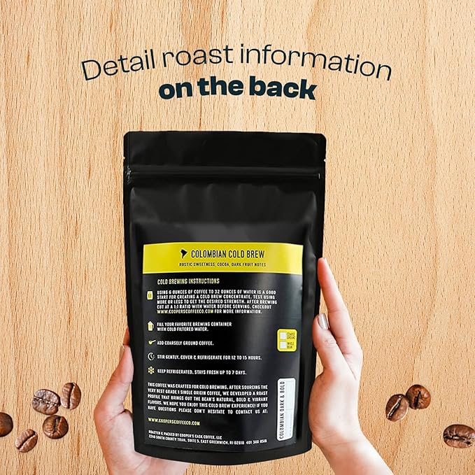 Colombian Dark Roast, Single Origin, Gourmet Organic Cold Brew Coffee Beans, Smooth Taste of Cocoa with Light Fruited Flavors, Whole Bean, 1 lb Coffee Bag