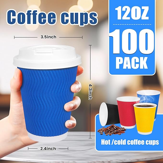 12 oz Coffee Cups 100 Pack, Disposable Coffee Cups with Lids and Straws, Insulated Ripple Wall To Go Paper Coffee Cup for Coffee, Hot Chocolate and Hot Tea Drinks (4 Color