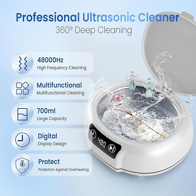 kunphy Ultrasonic Jewelry Cleaner, 700ml(24.5 0z) 48KHz Jewelry Cleaner Machine with 3 Digital Timers, Ultrasonic Cleaning Machine for Glasses, Rings, Diamond, Necklaces