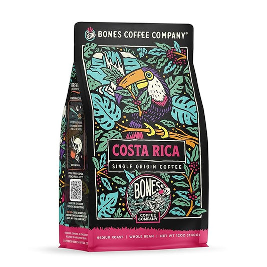 Bones Coffee Company Costa Rica Single-Origin, Cocoa, Nutty and Milk Chocolate Notes, Whole Coffee Beans, Low Acid Medium Roast Arabica Beans Flavored Coffee for Auto drip, 12 oz Whole Bean