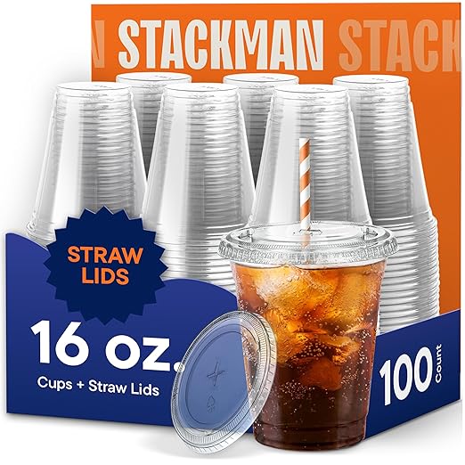 16 oz Clear Plastic Cups with Straw-Slot Lids [100 Sets] PET Crystal Clear Disposable Cups with Lids - Durable Cup. BPA Free + Crack Resistant, for Coffee, Juice, Shakes