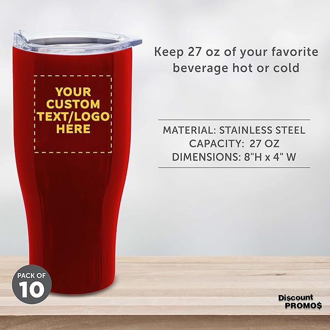 Custom Stainless Steel Grip Travel Mugs 27 oz. Set of 10, Personalized Bulk Pack - Perfect for Coffee, Soda, Other Hot & Cold Beverages - Red