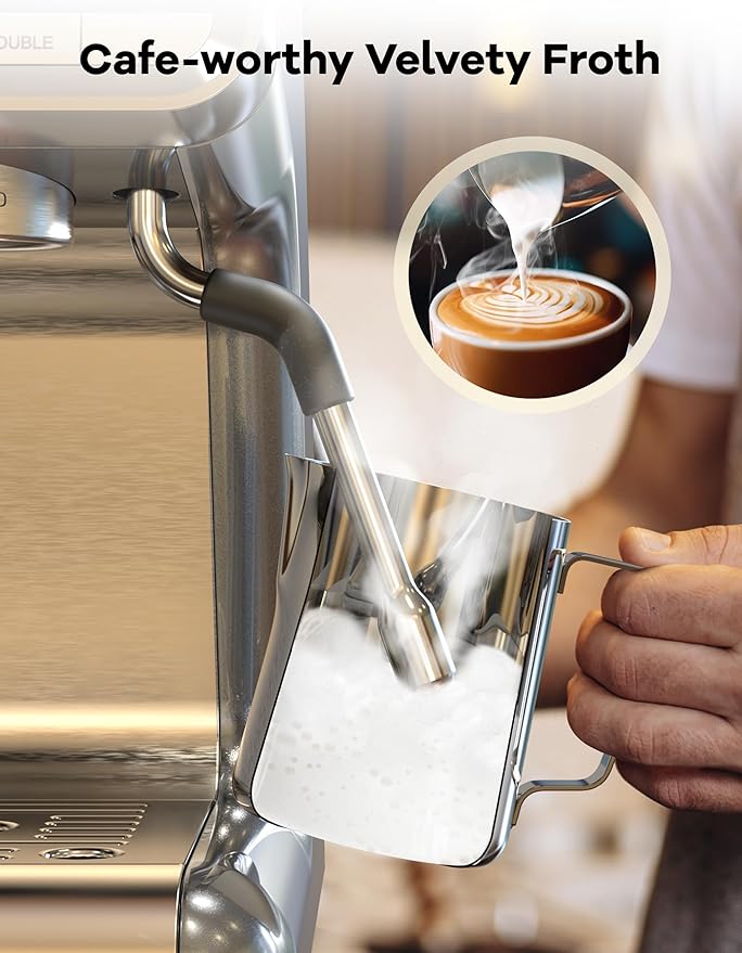 Espresso Machine with Grinder, 20 Bar Semi-Automatic Coffee Maker with Milk Frother Steam Wand, PID Temperature Control, 95 OZ Water Tank, for Cappuccino, Latte, Macchiato, Home Barista, Light Gray
